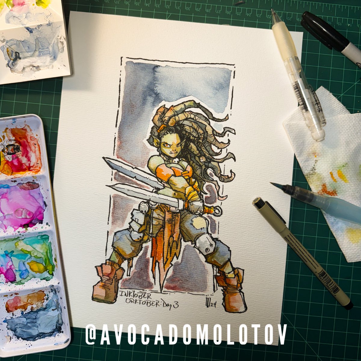 AvocadoMolotov's tweet image. Inktober Orktober Day 3: the Fighter

Decided to make a muscle mommy ork for my fighter. I wish I had made the swords bigger and meaner. Maybe next time. 

With @Dorksofthunder 

#inktober #orktober #ork #originalcharacter #oc #watercolor #ArtistOnX