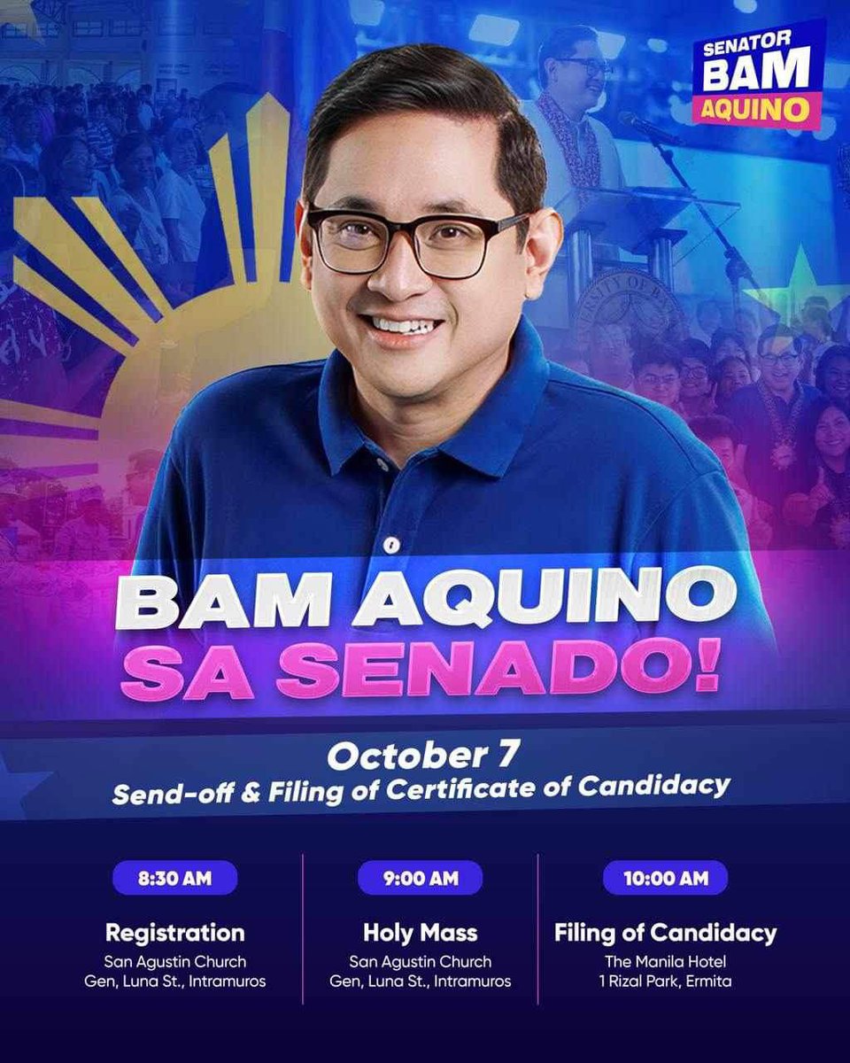 HarveyKeh's tweet photo. Samahan natin si Senador @bamaquino sa kanyang pag file ng Certificate of Candidacy sa October 7, Monday, 830am. Magkita kita tayo sa San Agustin Church, Intramuros, Manila at magsuot ng Pink. See you! #BamAquino2025 https://t.co/n2x6TKyZau