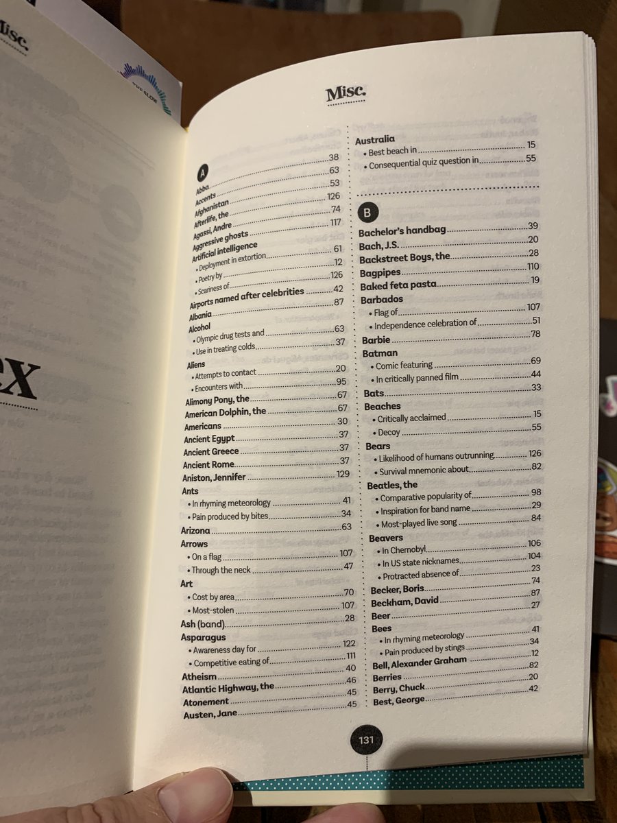 djbduncan's tweet photo. Congratulations to @delayedgratification on “Misc”! I’ve hoovered up this kind of book since I was a kid: the Fact-a-Minute book, the Book of Lists, @benschott obvs, @HenryEliot’s “Bookish Lists”... Also includes a lovely example of the index that makes you want to know more. https://t.co/L6GONUQ54R