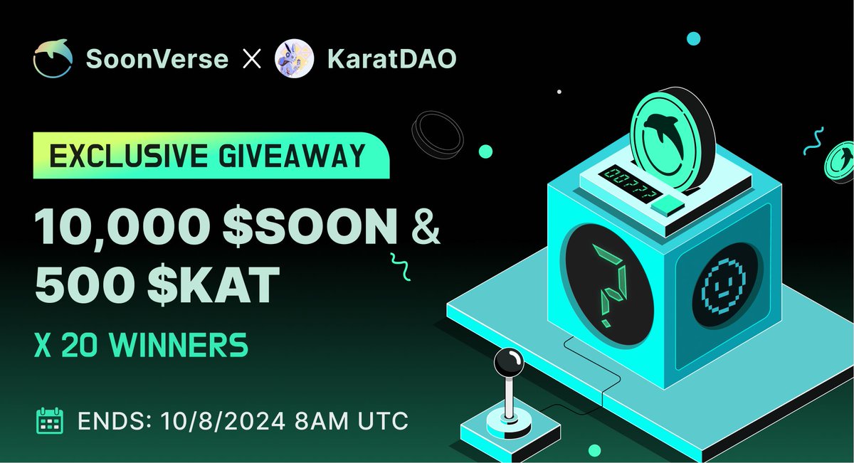 𝐄𝐱𝐜𝐥𝐮𝐬𝐢𝐯𝐞 𝐆𝐢𝐯𝐞𝐚𝐰𝐚𝐲 𝐰𝐢𝐭𝐡 <a href="/KaratDAO/">KaratDAO 🥕 AI Prediction Market Agent</a>

💰 Prizes: 10,000 $SOON &amp; 500 $KAT
⏳ Ends: Oct 8th, 8AM UTC

𝐑𝐓 &amp; ❤️ 𝐭𝐡𝐢𝐬 𝐩𝐨𝐬𝐭 𝐭𝐨 𝐞𝐧𝐭𝐞𝐫, 𝟐𝟎 𝐰𝐢𝐧𝐧𝐞𝐫𝐬