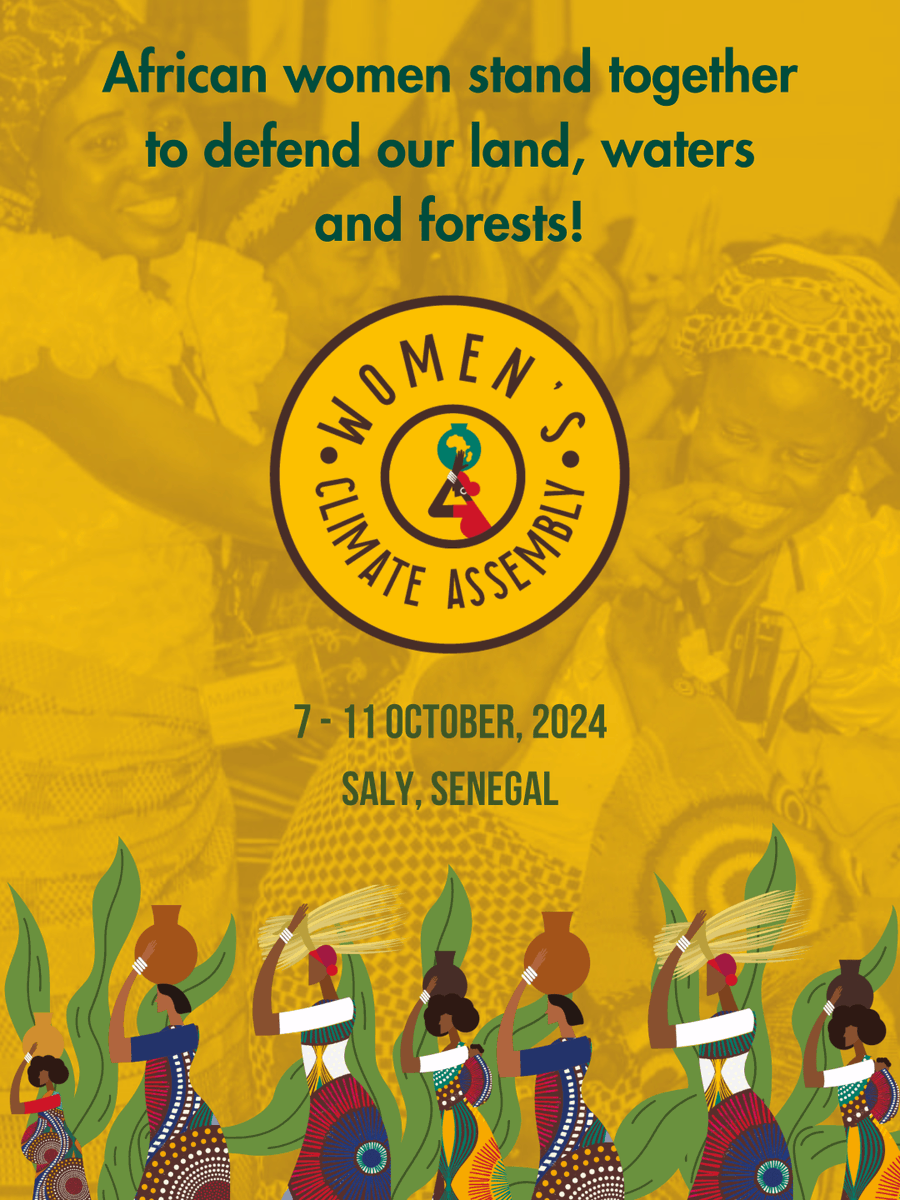 WoMin_Africa's tweet photo. 📢We're excited for the kick-off of the #WCA2024 on Monday, 7 Oct in Senegal🌍.
African women demand #ClimateAction Now! We want REAL solutions, reparations, #ClimateJustice. We say NO more to corporate impunity & destructive ‘development’🛑
@WoMin_Africa @lsdsenegal
#AfricanWomen4ClimateJustice
#COP29
📢✊🏿 #WomensClimateAssembly
