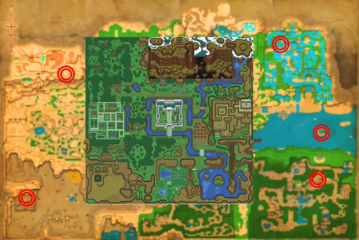 神トラマップとの比較。知恵かりに登場する4種族5集落は全て神トラマップの外側にある
故にゴロンやゲルド、海ゾーラやデクナッツが神トラや神トラ2に登場しなくても不思議はない、という絶妙なバランスになっている
#知恵かり