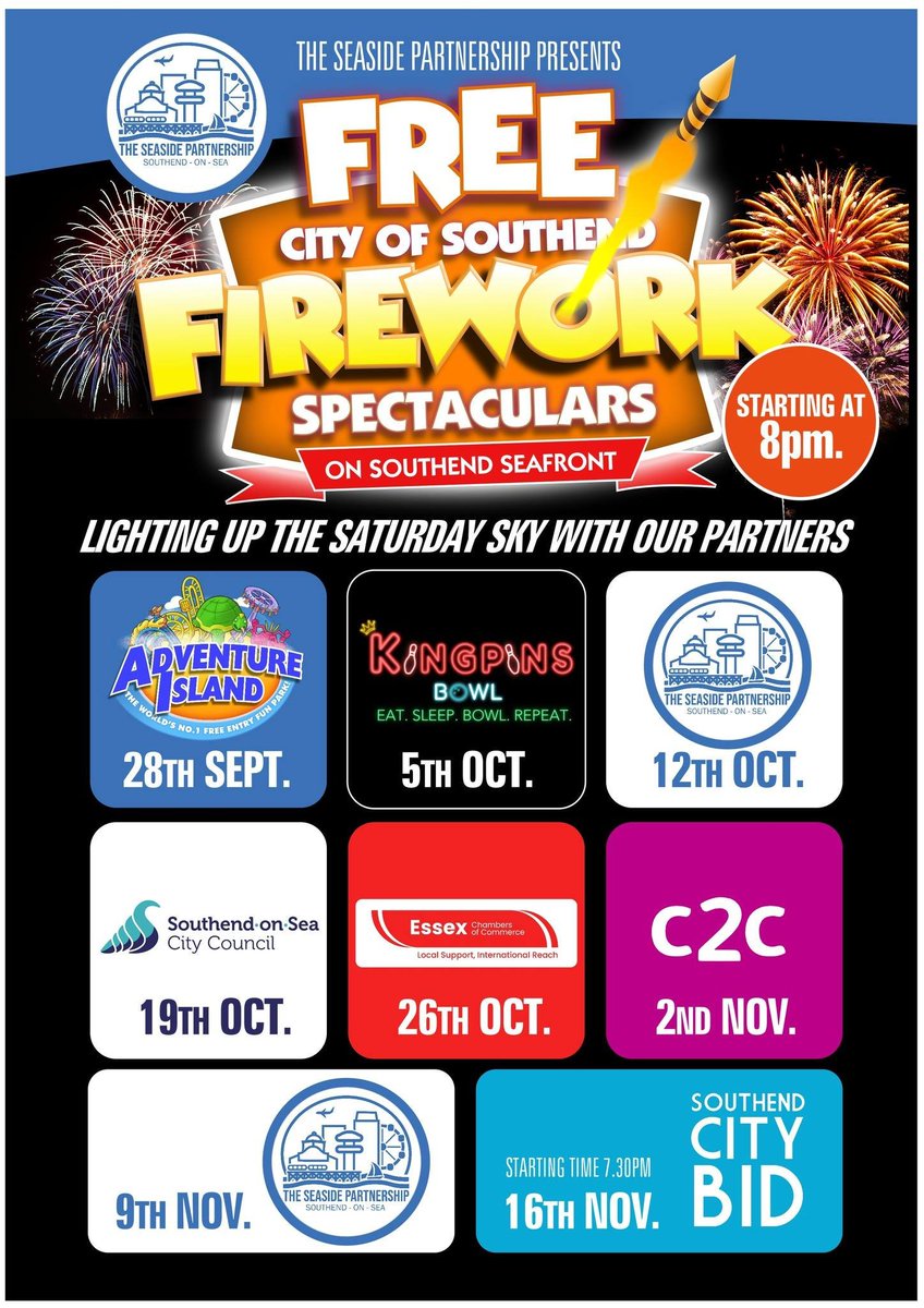 SEAFRONT FIREWORKS 🎇

Don't miss the next FREE Seafront Fireworks from The Seaside Partnership this Saturday! Sure to kick start the autumn evenings with a bang! 🙌🙌

📌 Southend Seafront
📅 Saturday 5 October
🕗 8pm

👇👇