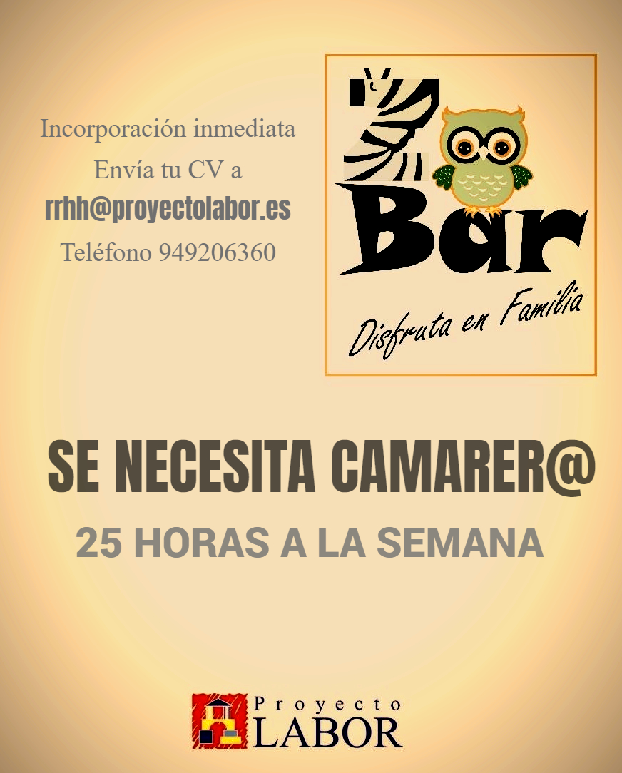 ProyectoLabor's tweet photo. Se necesita camarer@ en el Zoo Bar Restaurante de Guadalajara.
Si cumples el perfil y te interesa, llámanos o envía tu CV. https://t.co/cKYlmLVEpd