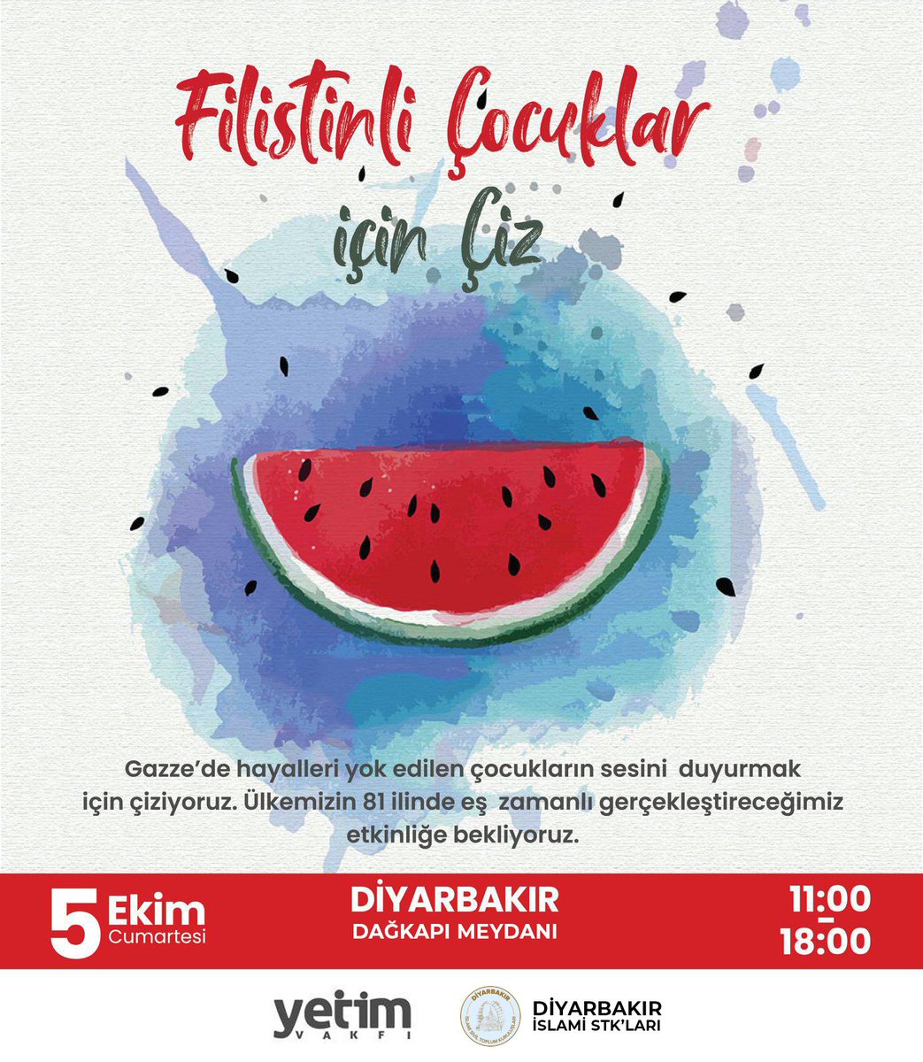 Filistinli Çocuklar İçin Çiz🖍️

Gazze'de hayalleri yok edilen çocukların sesini duyurmak için çiziyoruz.  81 ilde eş zamanlı gerçekleştireceğimiz etkinliğe tüm halkımızı aileleriyle birlikte bekliyoruz.

🗓️ 5 Ekim Cumartesi(yarın)
🕞11.00-18.00
🚩 Dağkapı Meydanı
