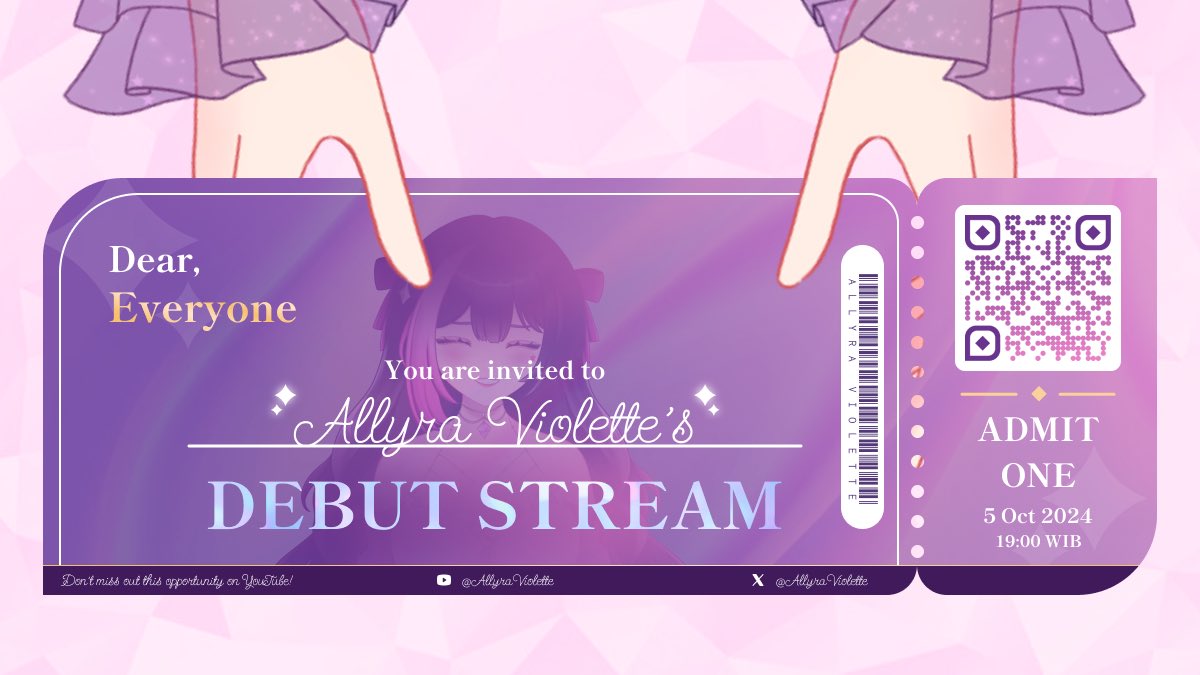 Bling bling kaching!

Dengan ini, Allyra turut mengundang kamu buat dateng ke debut Allyra pada:

📅 Sabtu, 5 Oktober 2024
🕗 19:00 WIB (GMT +7)
youtube.com/live/QTW0WdfMo…

📝Google form 
forms.gle/hEwSb3bwTDuF1K…

From : Ur lovely batu akik 💎

#VtuberID #VTuberDebut #VTuberUprising