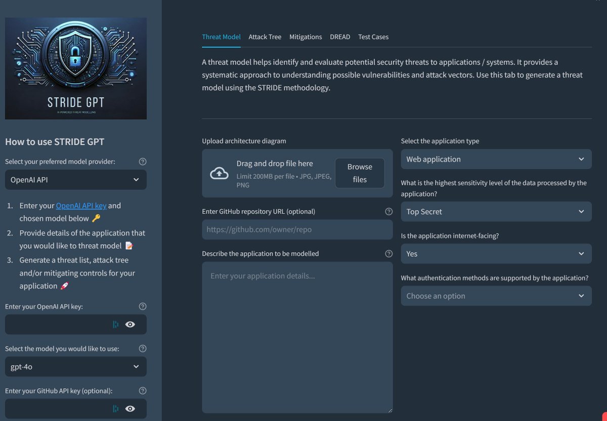 david_das_neves's tweet image. Interesting project here - worth a look!
[Repo] stride-GPT - An AI-powered threat modeling tool that leverages OpenAI&apos;s GPT models to generate threat models for a given application based on the STRIDE methodology.

🔗 buff.ly/4eFarTo 

#CyberSecurity #ThreatModeling