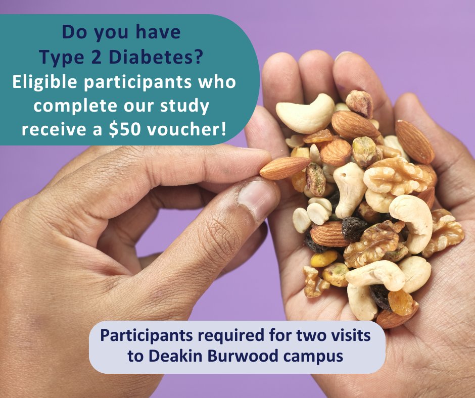 Deakin IPAN (@deakinipan) on Twitter photo We're seeking participants with #Type2Diabetes to help us understand the effect of different nut consumption patterns on blood sugar.
For more information or to join <a href="/tanszeyen/">Dr Sze-Yen Tan, AdvAPD RNutr.</a>'s study: ipan.deakin.edu.au/connect/partic…
@deakinresearch We're seeking participants with #Type2Diabetes to help us understand the effect of different nut consumption patterns on blood sugar.
For more information or to join <a href="/tanszeyen/">Dr Sze-Yen Tan, AdvAPD RNutr.</a>'s study: ipan.deakin.edu.au/connect/partic…
@deakinresearch