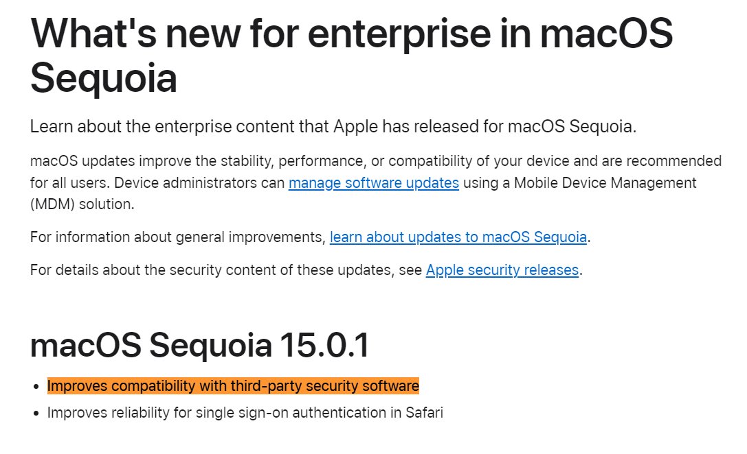 Network issues fixed with #macOS 15.0.1 - now available for download. See official changelog from #Apple: