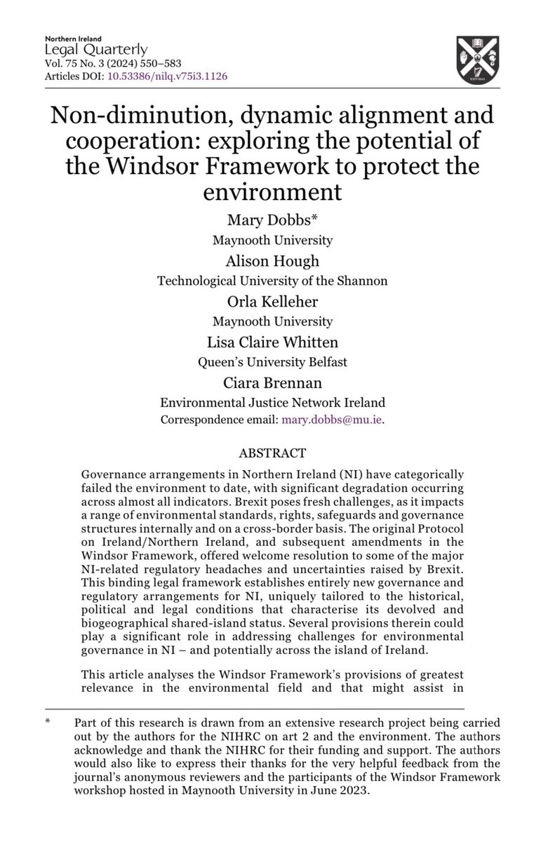 ‘Non-diminution, dynamic alignment and cooperation: exploring the potential of the Protocol on Ireland/Northern Ireland to protect the environment’

<a href="/mdobbs26/">Mary Dobbs now @Mdobbs26.bsky.social</a> Alison Hough <a href="/TUS_ie/">Technological University of the Shannon</a> @OrlaKelleher92 <a href="/LisaClaireWhit1/">Lisa Claire Whitten</a> Ciara Brennan

doi.org/10.53386/nilq.…