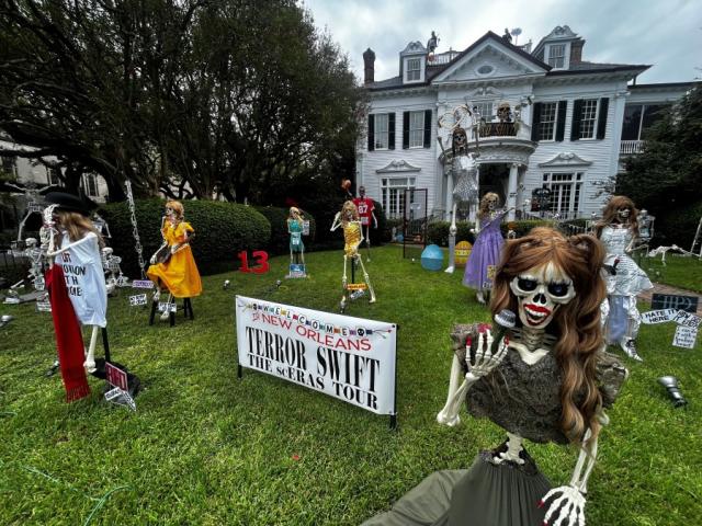 A family in New Orleans decorated a Taylor Swift themed Halloween house called "Terror Swift: The scEras Tour"
