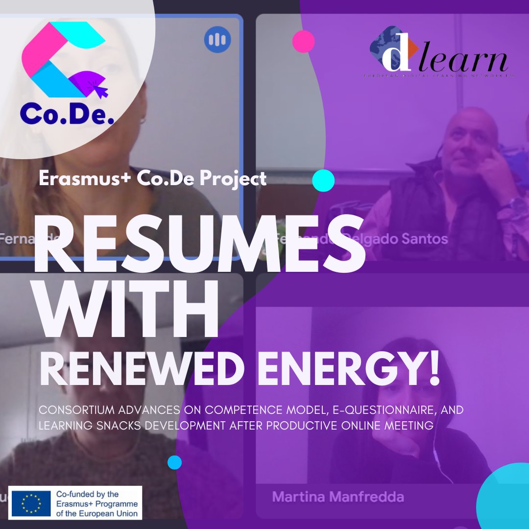 dlearneu's tweet image. On 24 September, the CoDe project consortium successfully resumed its activities after the summer break.
code-eduproject.eu
#ErasmusPlus #CoDeProject #DigitalLearning #CoDesign #TeacherTraining #CompetenceModel #LearningSnacks #EducationInnovation #LifelongLearning #EdTech