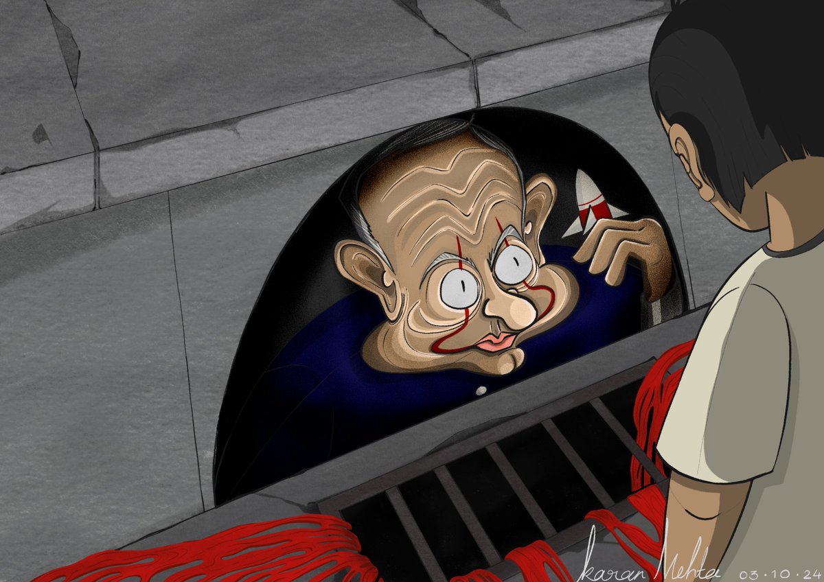 Karanme25756067's tweet photo. Pennywise of Jerusalem.
.
#PalestinianGenocide #Gaza #Lebanon #Netanyahu #CeasefireNOW #political #cartoon #Editorial #illustration #Satire
#PoliticsToday #politicalcartoons #editorialart #Palestine #stopwar #Artober24 https://t.co/m1vf3EN0l5