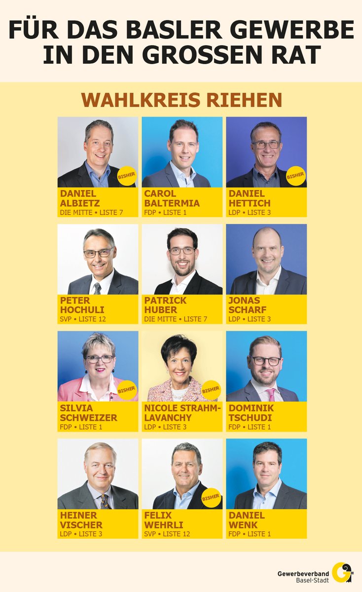 Basel wählt! 🗳️🌟
Am 20. Oktober 2024 bestimmt Basel den neuen Grossen Rat. Der Gewerbeverband Basel-Stadt empfiehlt KMU-freundliche Kandidierende aus Riehen. 💪🏽✨

Alle Empfehlungen: wahlen-basel.ch

#Grossratswahlen #KMU #Basel #Riehen #Gewerbeverband