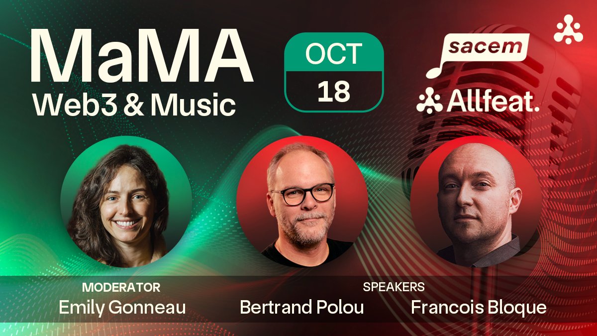Codizlow's tweet photo. 🎶 Excited for @MaMAevent on Oct 18! 

Join us as François Bloque from the #Allfeat team, Bertrand Polou, and moderator Emily Gonneau dive into #Web3 &amp; #Music with @sacem. Don’t miss out! 🎧🎤 
#Blockchain #MusicIndustry https://t.co/Oi9DLPFzcL