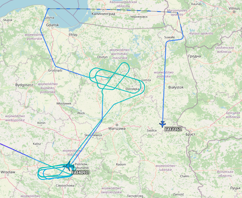 SirListenalot's tweet photo. ~0425z Two French #MIR2 #Mirage 2000 #FAF7261 out of Nancy joining their #A332 #FAF4091 over Poland. ~0705z After 2nd pass North of Kaliningrad. ~0730z Belarus observation https://t.co/TJ7ib5KyUG