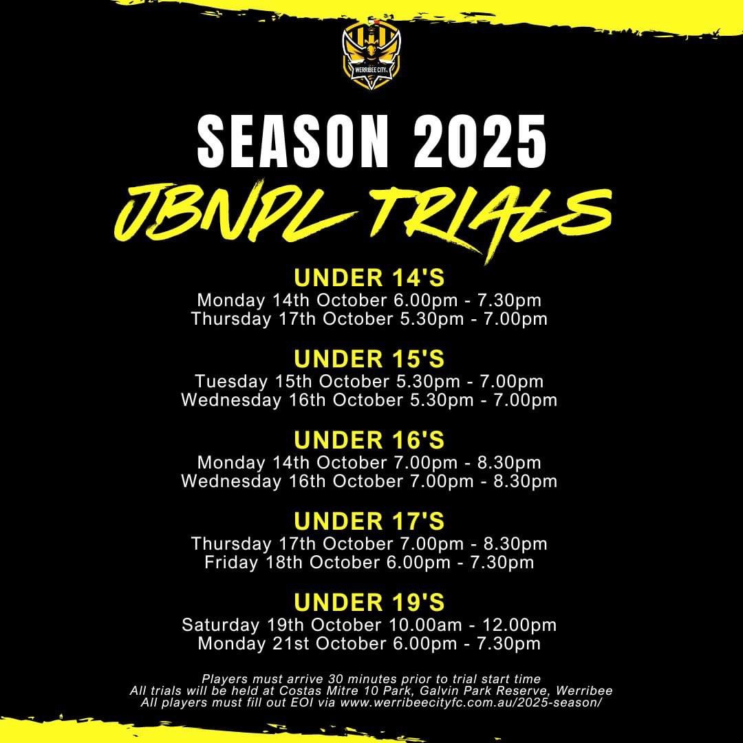 Werribee City FC (@fcwerribeecity) on Twitter photo 2025 JBNPL TRIAL DATES 🐝
Werribee City FC have now confirmed trial dates for our JBNPL & U19's squad. Limited spots available. All players must register to attend 2025 trials.
Register now airtable.com/appyUaVdQaPVho…
#GoBees #JBNPL 2025 JBNPL TRIAL DATES 🐝
Werribee City FC have now confirmed trial dates for our JBNPL & U19's squad. Limited spots available. All players must register to attend 2025 trials.
Register now airtable.com/appyUaVdQaPVho…
#GoBees #JBNPL