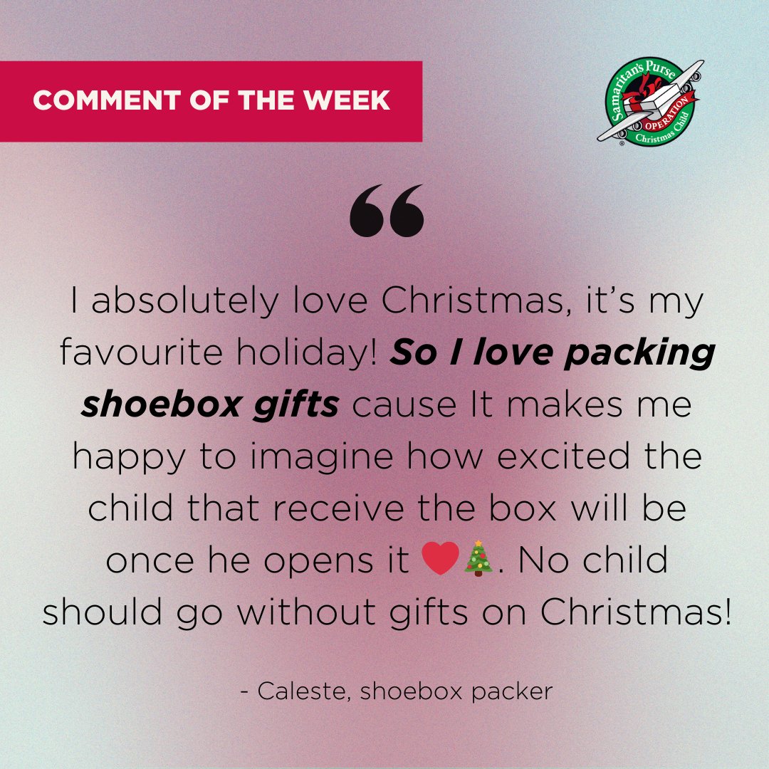 OCC_UK's tweet image. What’s your favourite thing about being part of Operation Christmas Child? 🎄🎁 Share your thoughts in the comments for a chance to be featured in our #CommentOfTheWeek! ✝️✨

#iPackedAShoebox #BoxByBox #LifeByLife #OCCUK