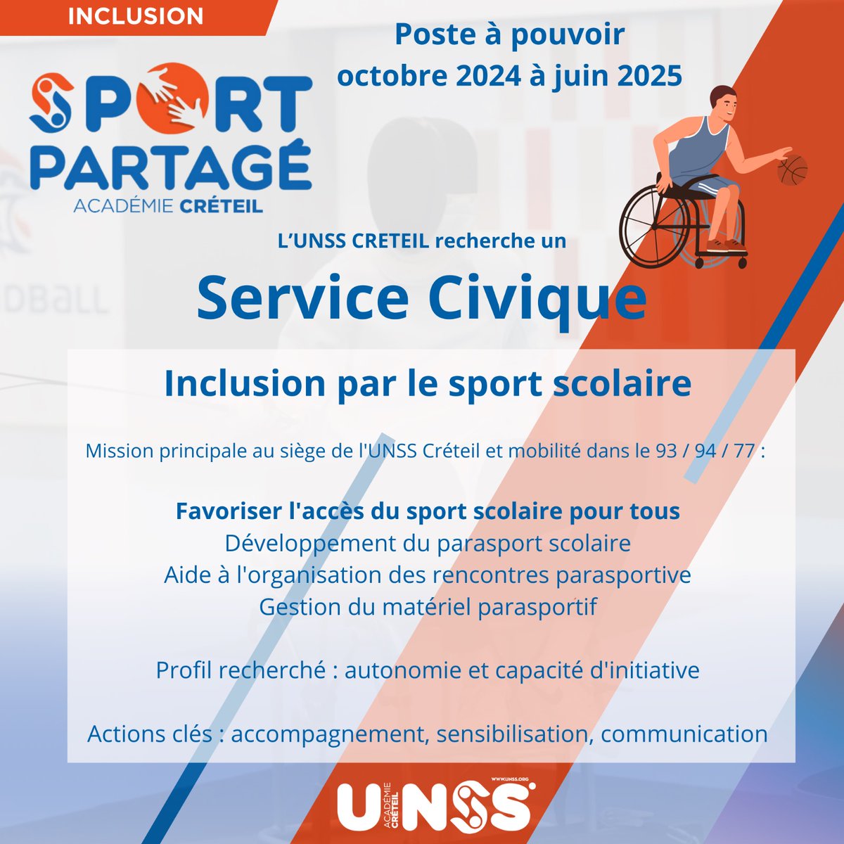 creteil_unss's tweet photo. 👋 Nous recrutons un Service Civique à
@creteilunss 

🗓️ Octobre 2024 à juin 2025
📍Académie de Créteil

Mission principale👩‍🦽 Inclusion par le sport scolaire 🏀

🤜 Retour des candidatures (CV+LM) à sr-creteil@unss.org

#SportPartagé #Inclusion #Parasport #Handicap #VivreEnsemble https://t.co/LOEzQnimJn