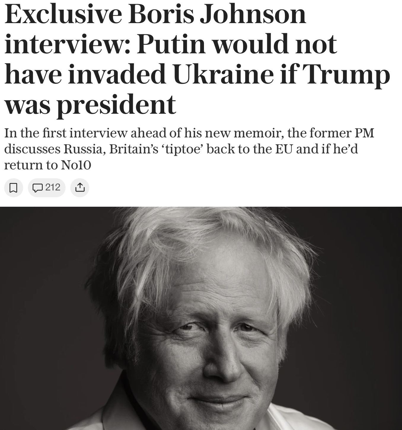 BLYSKAVKA on X: "⚡️ Putin would not have invaded Ukraine if Trump had been president, — said former British Prime Minister Boris Johnson. "If Ukraine fails, it will be an absolute disaster.