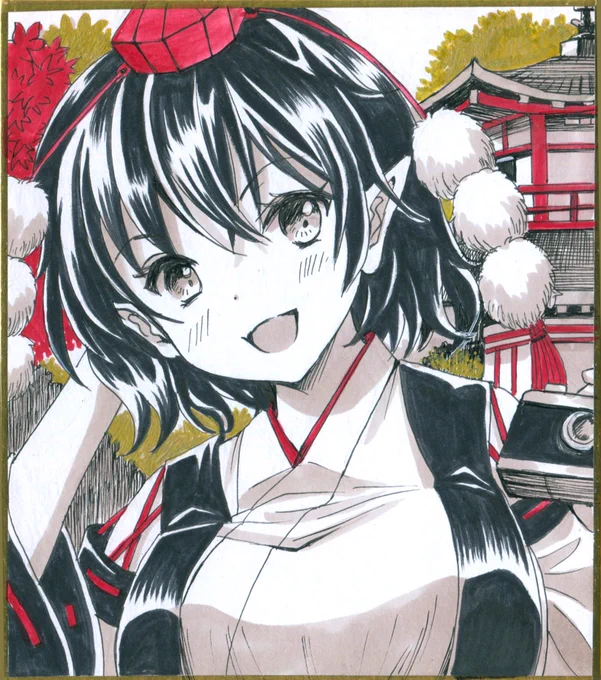 アナログで東方四天狗(文、椛、はたて、飯綱丸)の小色紙描きました紅楼夢に持ち込みます 