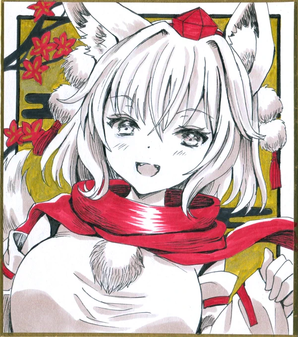 アナログで東方四天狗(文、椛、はたて、飯綱丸)の小色紙描きました紅楼夢に持ち込みます 