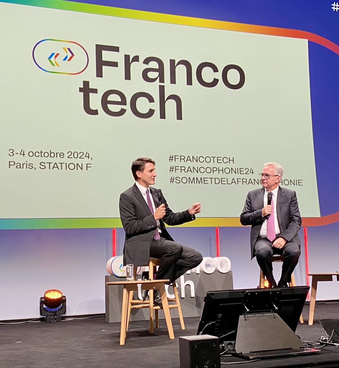 Ce matin à #FrancoTech le <a href="/PMcanadien/">Premier ministre du Canada</a> <a href="/JustinTrudeau/">Justin Trudeau</a> discute d’intelligence artificielle en français et en <a href="/OIFrancophonie/">La Francophonie</a> 

L’IA comme multiplicateur de croissance et de développement 

#SommetdelaFrancophonie #francophonie24 <a href="/AmbStephaneDion/">Stéphane Dion</a> <a href="/AmbCanFrance/">Ambassade du Canada en France</a>