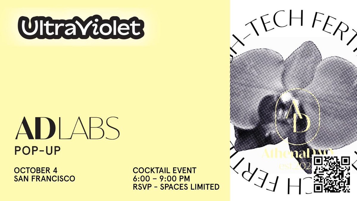 athena_DAO_'s tweet image. Are you ready for Opening Night at the ADLabs Pop-Up in San Francisco?! 🥂

Founder of Ultra Violet Agency @thisisntanna will join us to share her insights on women&apos;s health and #femtech 👏

Only a few spots left. Sign up below 👇
