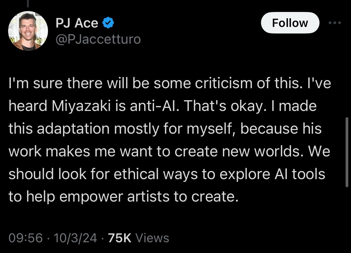 swannsvoice's tweet image. “I’ve heard Miyazaki is anti-AI. That’s okay.”

… Excuse you? To say that in the same breath as the word “ethical”? And to call a shot-for-shot remake “creating a new world”?

Zero creativity, zero respect, and zero concept of what art is.

You’re not an artist — you’re a fraud.