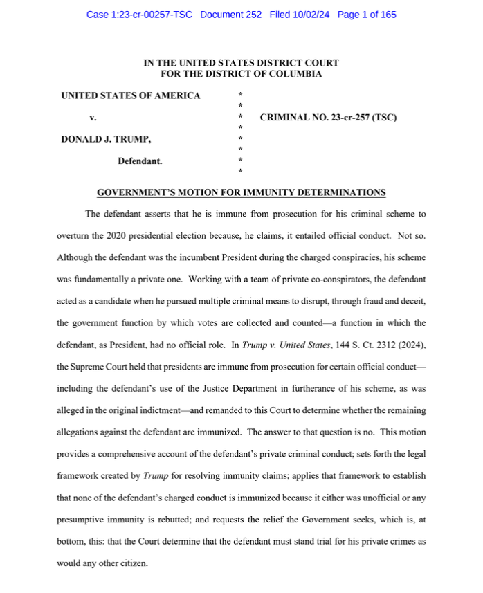 Read Special Counsel Jack Smith's 165 page court filing detailing the crimes Donald Trump committed leading to the attack on the U.S. Capitol on Jan 6, 2021.

documentcloud.org/documents/2518…