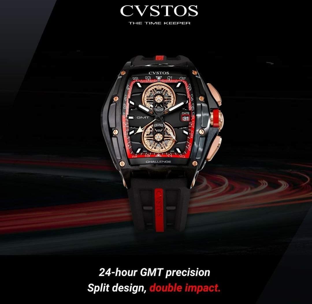 Racewatches1's tweet image. Here it is: The @CvstosGeneve Challenge GT Racing Chrono GMT. Black steel. Rose gold accents. Bold red details. A second time zone. Only 25 exist. This is more than a watch—this is the moment you stand out! #CVSTOS #Novelty #Chrono #GMT