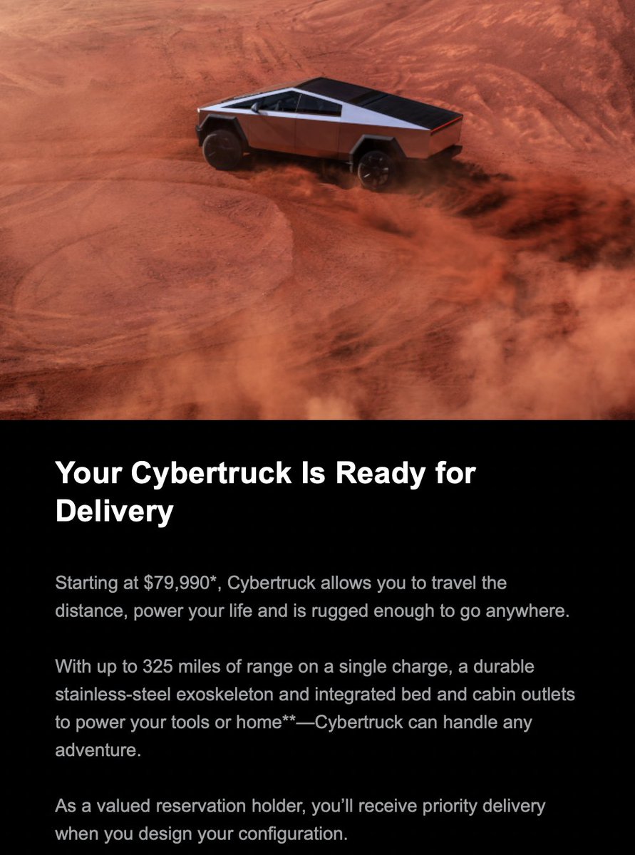 SawyerMerritt's tweet photo. BREAKING: Tesla has officially begun inviting people to order the less expensive non-Foundation Series Cybertrucks!

It starts at $79,990, which means it officially qualifies for the $7,500 Fed EV credit, bringing the price down to $72,500. It gets 325 miles of range. The $99,990 ti-motor Cyberbeast is also now available to order.

Production of cheaper Cybertrucks is finally about to start!