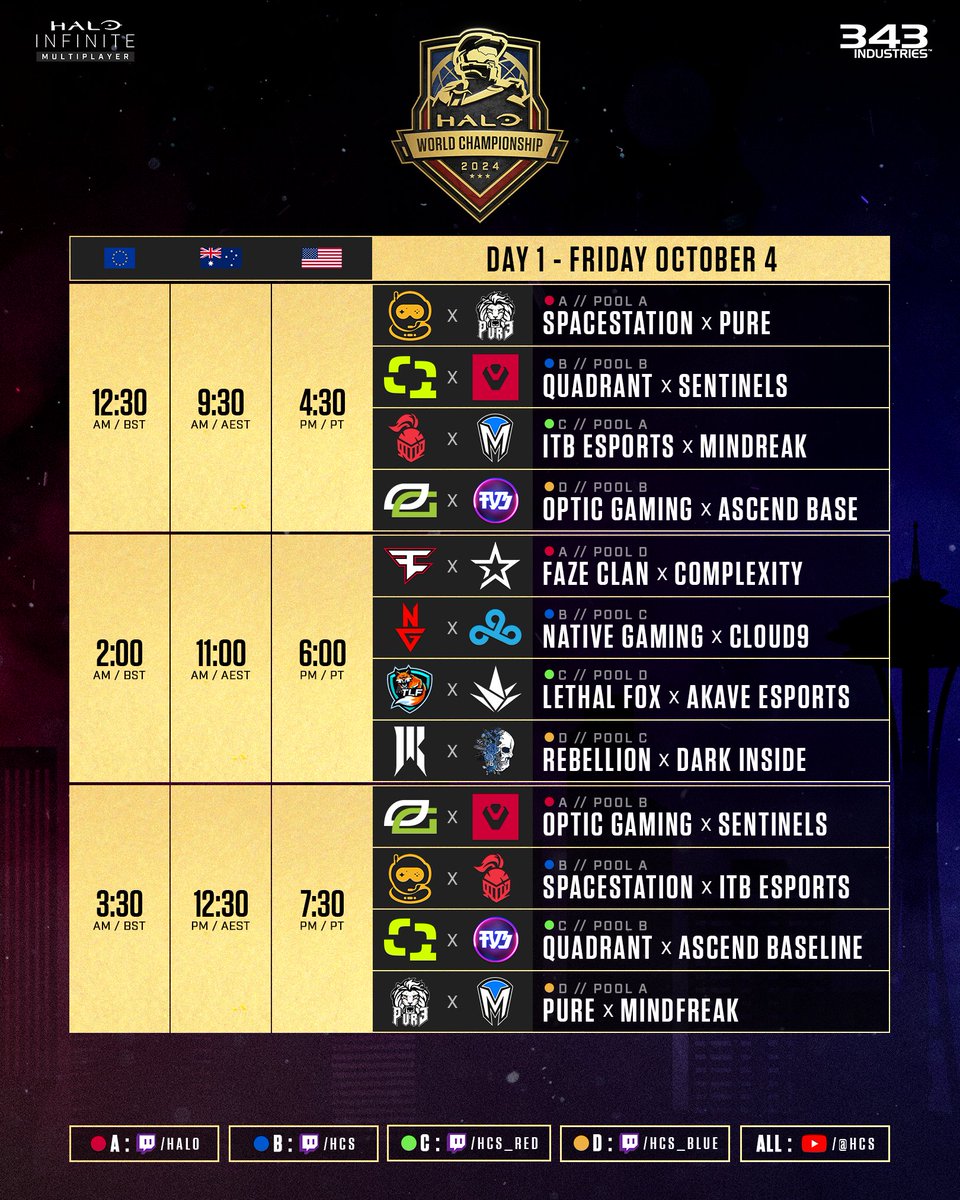 HCS's tweet photo. #HaloWC Day 1 Broadcast Schedule

Set those alarms! ⏰

🕛 12p PT / 8p BST
🟣 https://t.co/e5eEleh4IW
🔴 https://t.co/eC0xiqng1f https://t.co/JufMzSZawO