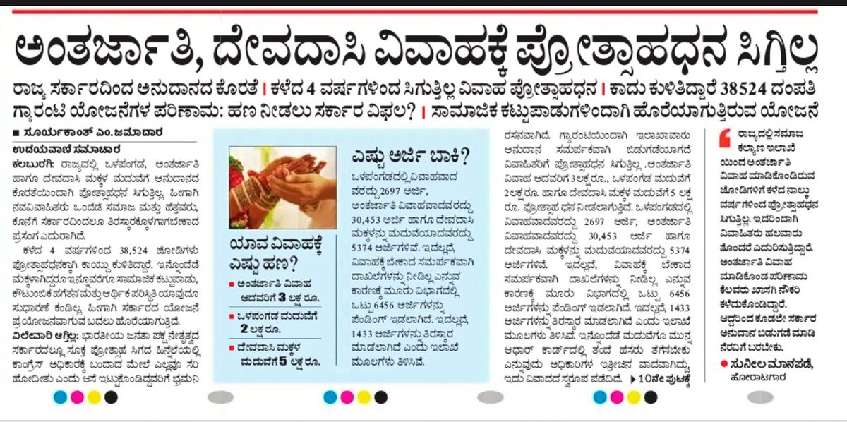 Suryakant jamadar@UV (@suryakantjamad2) on Twitter photo ಅಂತರ್ಜಾತಿ ಮದುವೆ ಮಾಡಿಕೊಂಡಿರುವವರಿಗೆ ಪ್ರೋತ್ಸಾಹಧನ ವಿತರಣೆ ಆಗುತ್ತಿಲ್ಲ.
ಸರಕಾರದ ಯೋಜನೆ ಅಸರೆ ಬದಲು ಗೋಳಾಗಿದೆ.
ಸಚಿವ ಮಹಾದೇವಪ್ಪ ಅವರು ಹಾಗೂ ಅಧಿಕಾರಿಗಳು ಗಮನಿಸುವರೇ?
#ಇಂದಿನ_ಉದಯವಾಣಿ
ಮುಖಪುಟ ಸ್ಟೋರಿ....
<a href="/CMofKarnataka/">CM of Karnataka</a> <a href="/PriyankKharge/">Priyank Kharge / ಪ್ರಿಯಾಂಕ್ ಖರ್ಗೆ</a> @Dr_Ajay_Singh <a href="/HCMahadevappa/">Dr. HC Mahadevappa</a> <a href="/Kalyanakarunadu/">Kalyanakarnataka</a> @kal ಅಂತರ್ಜಾತಿ ಮದುವೆ ಮಾಡಿಕೊಂಡಿರುವವರಿಗೆ ಪ್ರೋತ್ಸಾಹಧನ ವಿತರಣೆ ಆಗುತ್ತಿಲ್ಲ.
ಸರಕಾರದ ಯೋಜನೆ ಅಸರೆ ಬದಲು ಗೋಳಾಗಿದೆ.
ಸಚಿವ ಮಹಾದೇವಪ್ಪ ಅವರು ಹಾಗೂ ಅಧಿಕಾರಿಗಳು ಗಮನಿಸುವರೇ?
#ಇಂದಿನ_ಉದಯವಾಣಿ
ಮುಖಪುಟ ಸ್ಟೋರಿ....
<a href="/CMofKarnataka/">CM of Karnataka</a> <a href="/PriyankKharge/">Priyank Kharge / ಪ್ರಿಯಾಂಕ್ ಖರ್ಗೆ</a> @Dr_Ajay_Singh <a href="/HCMahadevappa/">Dr. HC Mahadevappa</a> <a href="/Kalyanakarunadu/">Kalyanakarnataka</a> @kal