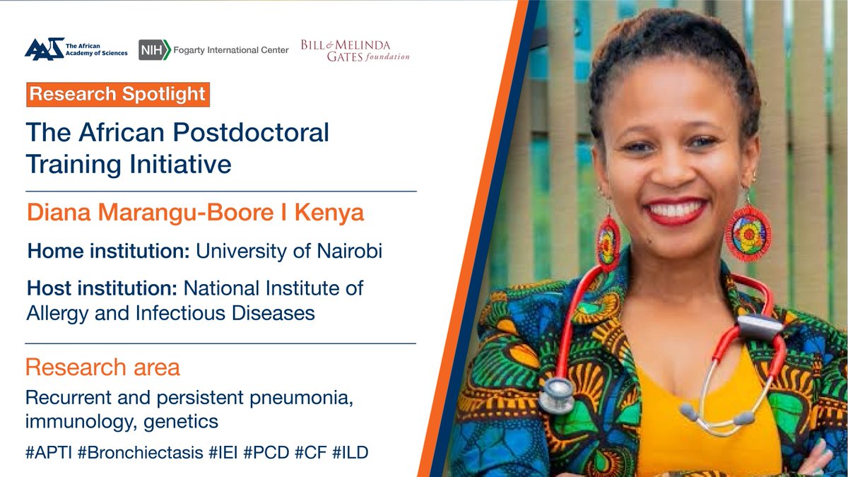 AASciences's tweet photo. Research Spotlight💡
Diana Marangu-Boore is an #APTI Fellow &amp; #Paediatric #Pulmonologist from #Kenya. She is studying human inborn errors of immunity to optimize care for children with recurrent #pneumonia
Learn more👉https://t.co/z2uSk6gz9e
#SDG3
@Fogarty_NIH
@GatesAfrica
@uonbi https://t.co/XaQ3m0o4DA