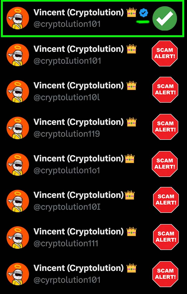 Vincent (Cryptolution) 👑 (@cryptolution101) on Twitter photo In 24 hours, I will send 3 people 10,000 $DOG each that BLOCK and REPORT these scam accounts impersonating me.
Post screenshots in comments below:
@cryptoiution101 ⚠️
@cryptolution10l ⚠️
<a href="/cryptolution119/">Vincent (Cryptolution) 👑</a> ⚠️
<a href="/cryptolutlon1o1/">Vincent (Cryptolution)👑</a> ⚠️
<a href="/cryptolution10I/">Vincent (Cryptolution)👑</a> ⚠️
<a href="/cryptolution111/">Vincent (Cryptolution) 👑</a> ⚠️ In 24 hours, I will send 3 people 10,000 $DOG each that BLOCK and REPORT these scam accounts impersonating me.
Post screenshots in comments below:
@cryptoiution101 ⚠️
@cryptolution10l ⚠️
<a href="/cryptolution119/">Vincent (Cryptolution) 👑</a> ⚠️
<a href="/cryptolutlon1o1/">Vincent (Cryptolution)👑</a> ⚠️
<a href="/cryptolution10I/">Vincent (Cryptolution)👑</a> ⚠️
<a href="/cryptolution111/">Vincent (Cryptolution) 👑</a> ⚠️