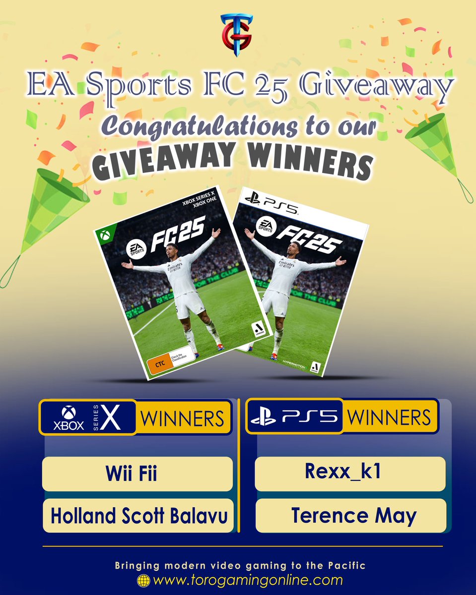 torogamingONL's tweet photo. Drumroll, please 🥁 The lucky winners of our EA SPORTS FC 25 Giveaway are Wii Fii (XBOX Series X), Holland Scott Balavu (XBOX Series X), Rexx_k1 (PS5), and Terence May (PS5)!
Purchase your own copy here today!

#easportsfcgiveaway #torogamingonline #winners #giveaway #gamers https://t.co/FamVrWsAqb