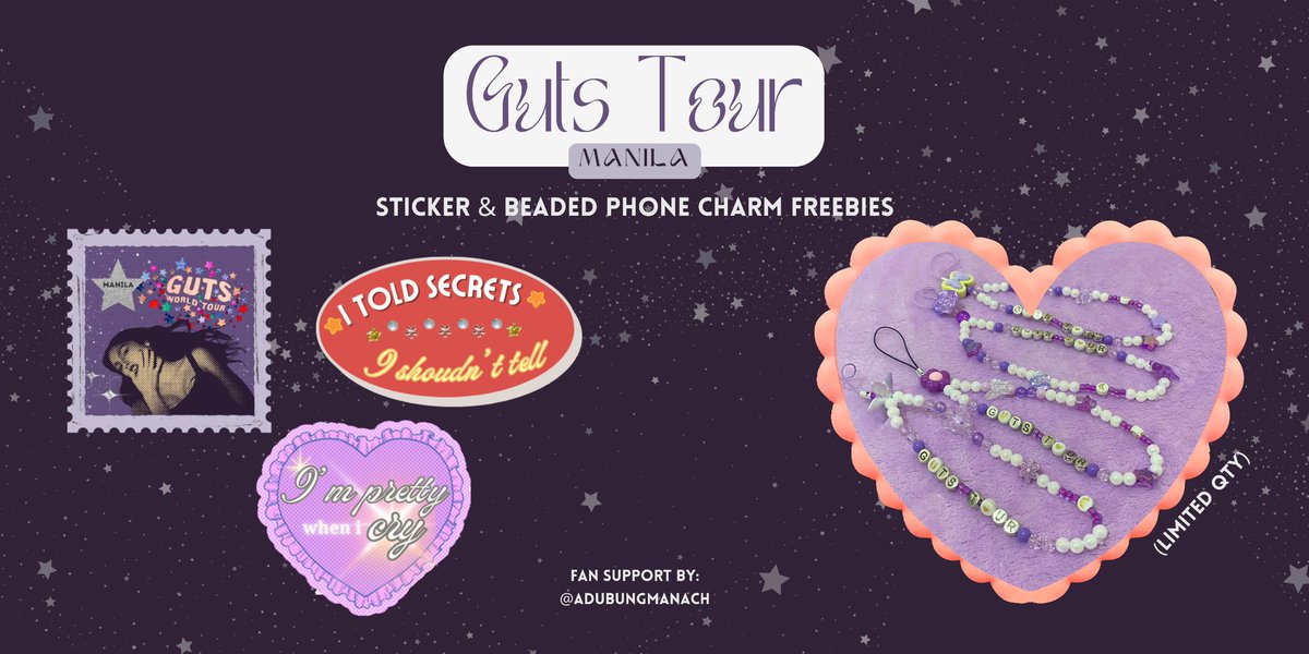 ✨GUTS WORLD TOUR IN MANILA✨
Fan Support By: <a href="/adubungmanach/">aerin 💗</a>

🔮Stickers
🔮Beaded Phone Charm 

Would probably roam around and randomly mamimigay on d-day dahil hahanap din ng freebies🥹

see u soon livies 💋

#GUTSTourPH #GUTSTourManila #GUTSworldtour #GUTSWorldTourPH