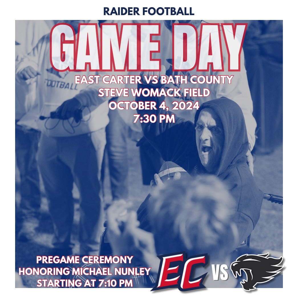 East Carter Football (@echsfb) on Twitter photo 🚨🏈Game Day🏈🚨
➡️District Game Two⬅️
🏴☠️Raiders🏴☠️ hosting the Wildcats from Bath County.
📍 Steve Womack Field
🕖 7:10 Pregame Ceremony honoring Michael Nunley
🕢 7:30 Kickoff
🥋 Red / White
#FightOn
#RaiderPride
#CCC
<a href="/lisajtr/">Lisa Thompson Rogers</a> <a href="/ECRaiders/">East Carter High</a> <a href="/East_Barstool21/">Barstool East Carter</a> 🚨🏈Game Day🏈🚨
➡️District Game Two⬅️
🏴☠️Raiders🏴☠️ hosting the Wildcats from Bath County.
📍 Steve Womack Field
🕖 7:10 Pregame Ceremony honoring Michael Nunley
🕢 7:30 Kickoff
🥋 Red / White
#FightOn
#RaiderPride
#CCC
<a href="/lisajtr/">Lisa Thompson Rogers</a> <a href="/ECRaiders/">East Carter High</a> <a href="/East_Barstool21/">Barstool East Carter</a>