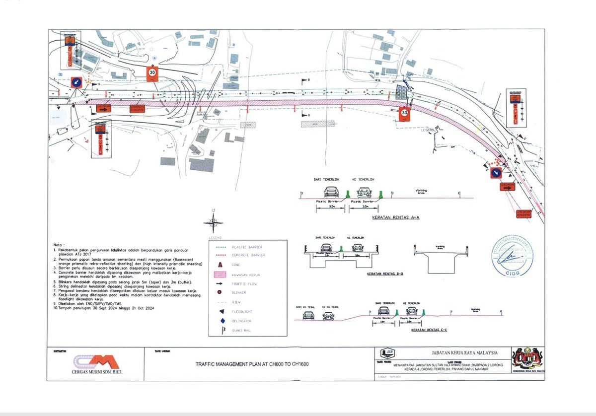 NOTIS PEMAKLUMAN

Pelan pengurusan trafik (TMP) Road Diversion di Jambatan sediada bagi kerja link slab akan *bermula pada 30.09.2024 sehingga 21.10.2024*. Oleh yang demikian, aliran trafik akan dilencongkan sepenuhnya di jambatan sediada seperti Pelan Pengurusan Trafik ( TMP ).