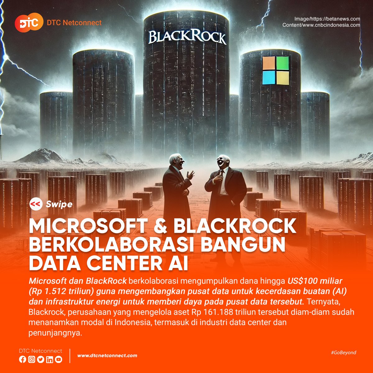 DNetconnect's tweet image. Microsoft dan BlackRock berkolaborasi mengumpulkan dana hingga US$100 miliar (Rp 1.512 triliun) guna mengembangkan pusat data untuk kecerdasan buatan (AI) dan infrastruktur energi untuk memberi daya pada pusat data tersebut.

#datacenterAI #microsoft #blackrock #dtcnetconnect