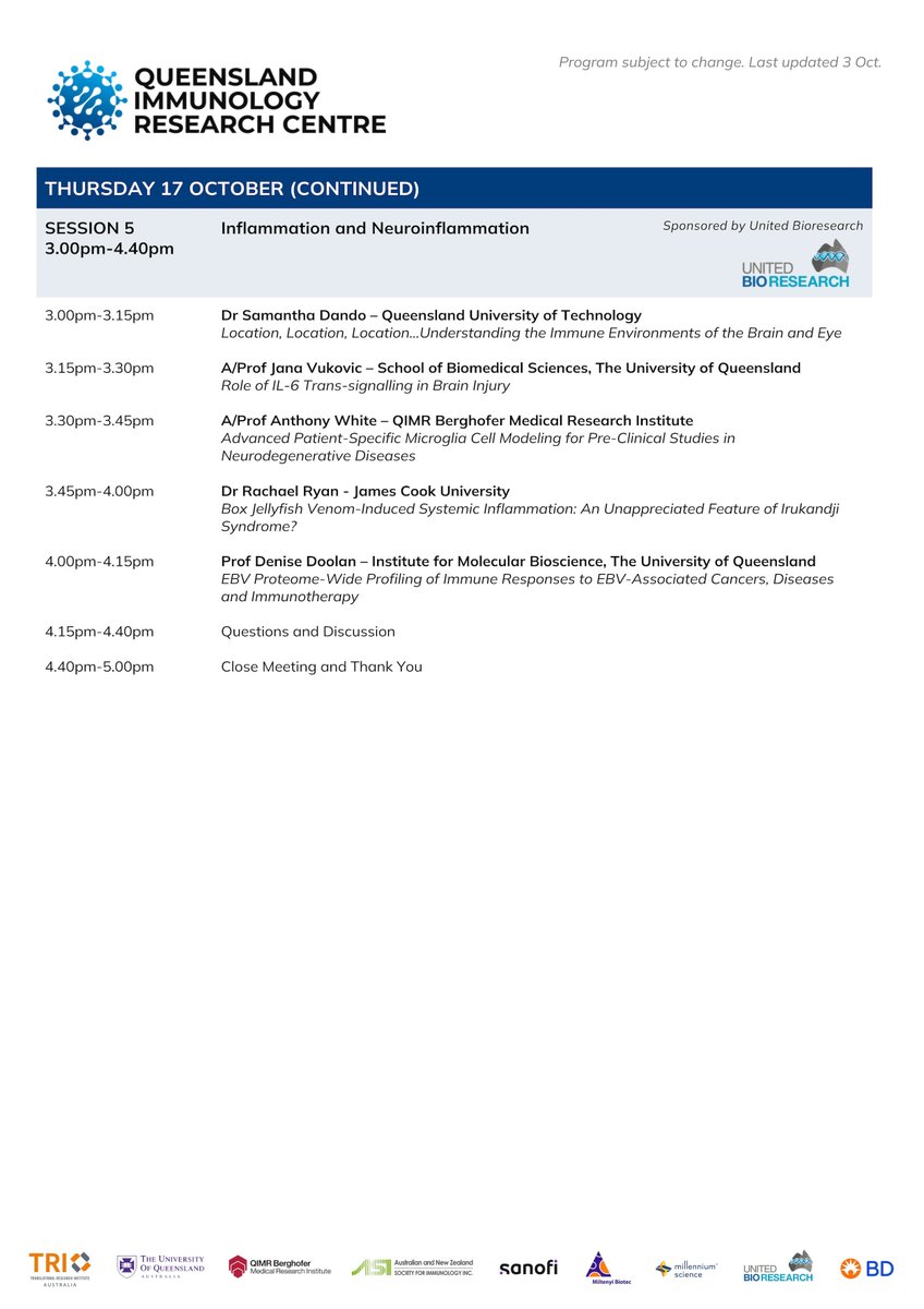 QLDimmunology's tweet photo. Will you be joining us at the 2024 Queensland Immunology Networking Symposium #QINS24? Program below ⬇️ https://t.co/Mnuba74Hkd