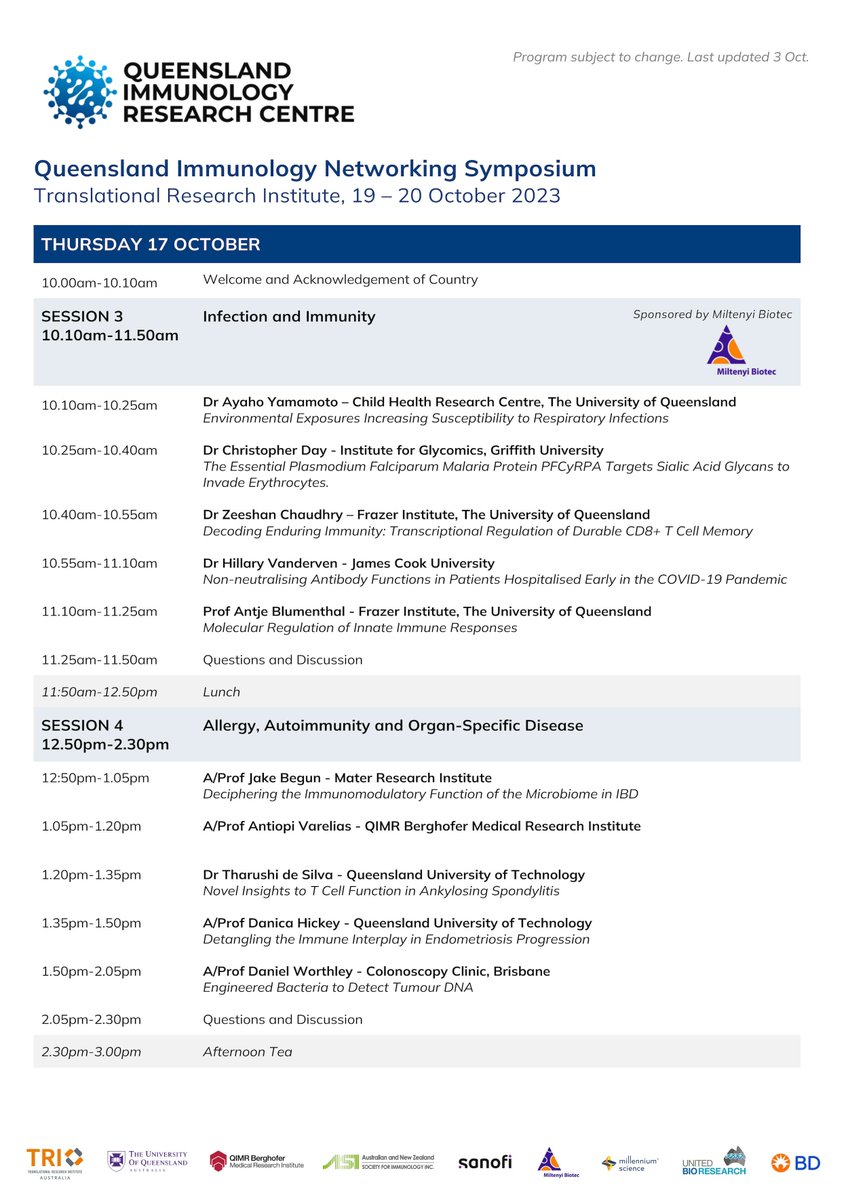QLDimmunology's tweet photo. Will you be joining us at the 2024 Queensland Immunology Networking Symposium #QINS24? Program below ⬇️ https://t.co/Mnuba74Hkd