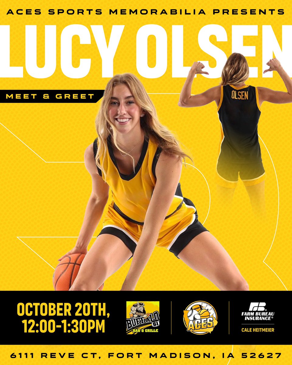 Ball Beyond Sports Group (@ballbeyondsprts) on Twitter photo <a href="/LucyOlsenbball/">Lucy Olsen</a> X Acessportsmemorabilia @acessportsmemorabilia X @Buffalo61.fm on October 20th from 12:00 - 1:30pm for an epic meet & greet and autograph session! 📸✍️
#MeetAndGreet #AceSports #Buffalo61 #Autographs #NIL #SoExcited #SeeYouThere <a href="/LucyOlsenbball/">Lucy Olsen</a> X Acessportsmemorabilia @acessportsmemorabilia X @Buffalo61.fm on October 20th from 12:00 - 1:30pm for an epic meet & greet and autograph session! 📸✍️
#MeetAndGreet #AceSports #Buffalo61 #Autographs #NIL #SoExcited #SeeYouThere