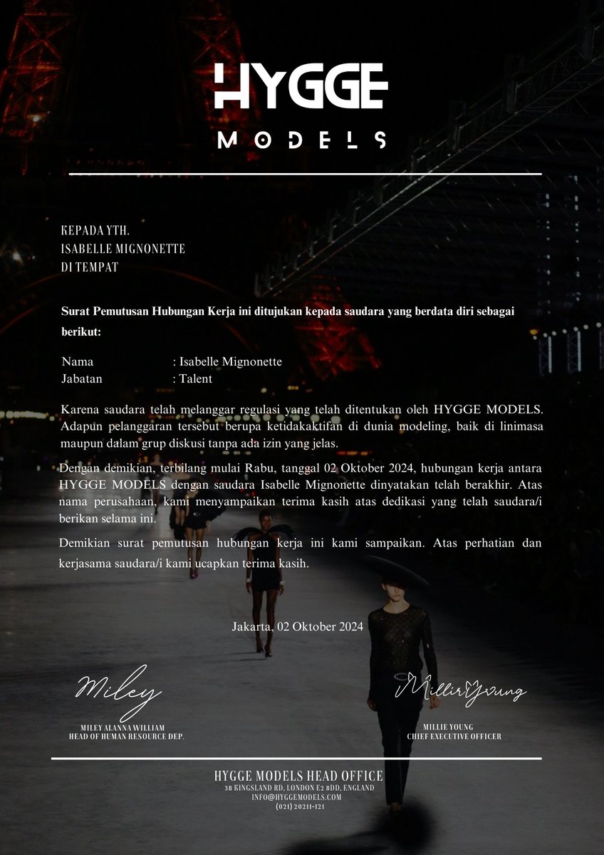 ㅤㅤ
𝐓𝐨 : Isabelle Mignonette ( <a href="/loveofbelle/">𝘐𝘴𝘢𝘣𝘦𝘭𝘭𝘦 𝘔𝘪𝘨𝘯𝘰𝘯𝘦𝘵𝘵𝘦.</a>  )
𝐅𝐫𝐨𝐦 : info@hyggemodels.com.
𝐒𝐮𝐛𝐣𝐞𝐜𝐭 : Surat Pemutusan Hubungan Kerja.             
ㅤㅤ
ㅤㅤ