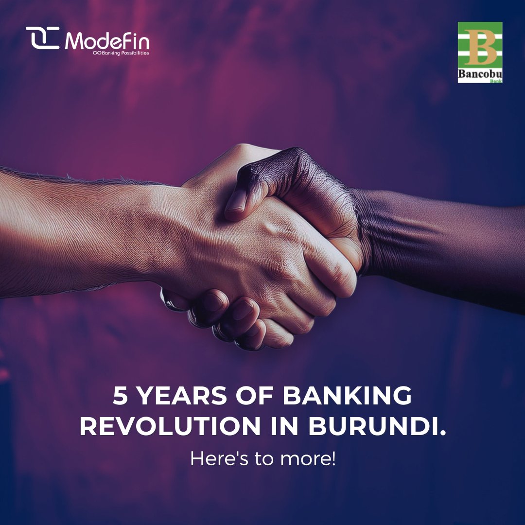 modefinserver's tweet image. Celebrating 5 years of transforming banking in Burundi! 

Modefin and BANCOBU have partnered to bring innovative digital solutions to the market. 

#Modefin #BANCOBU #Partnership #FinancialInclusion
