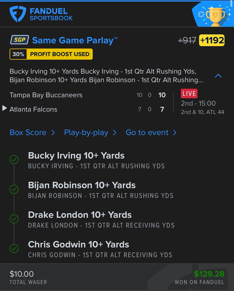 🚨 TNF Recap (2/2) 🚨

We decided to go light today with my plays. But they DID NOT disappoint! 😤

We went 2 FOR 2 tonight, cashing both the +100 super boost play and the signature Q1 10-for-10 lotto at +1192! That means we have cashed three straight Q1 plays alone!💰

Did I