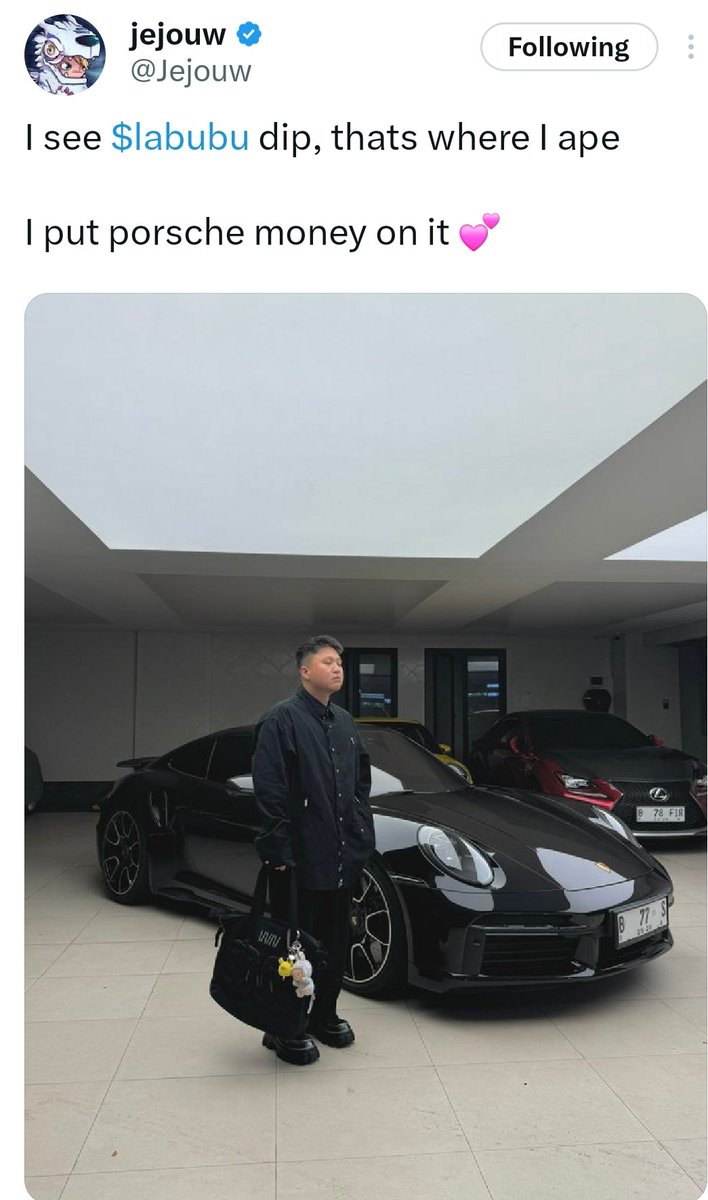 cryptocuscus's tweet photo. @Jejouw Forget the Porsche bro. $Labubu gonna get you a Lambo! #AsianToy meta is real! https://t.co/QpteSnT8iN