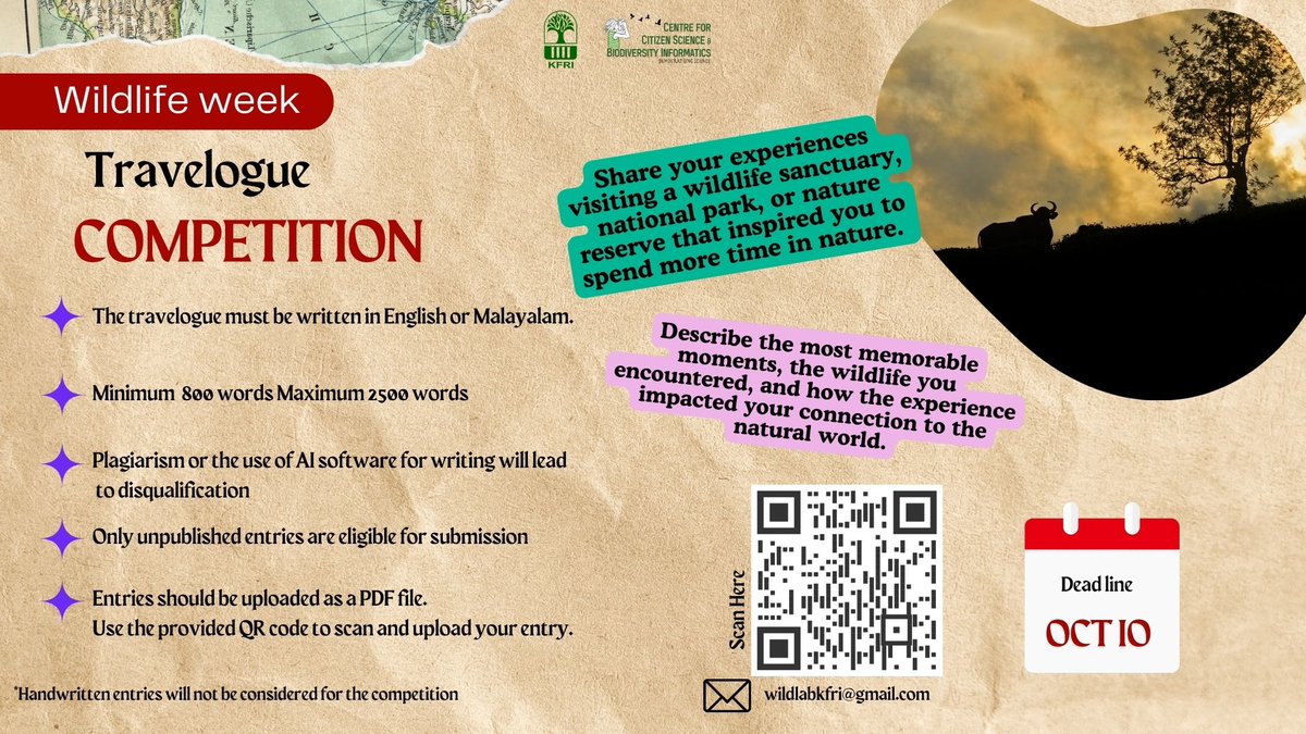 Wildlife Week Celebrations - Department of Wildlife Biology, KFRI

Online Travelogue Writing Competition
How to Participate: Scan the QR code or click the link below for details and submissions.
Link : linko.page/skqpdfi55qv6 

#WildlifeWeek #wildlifeconservation #KFRI