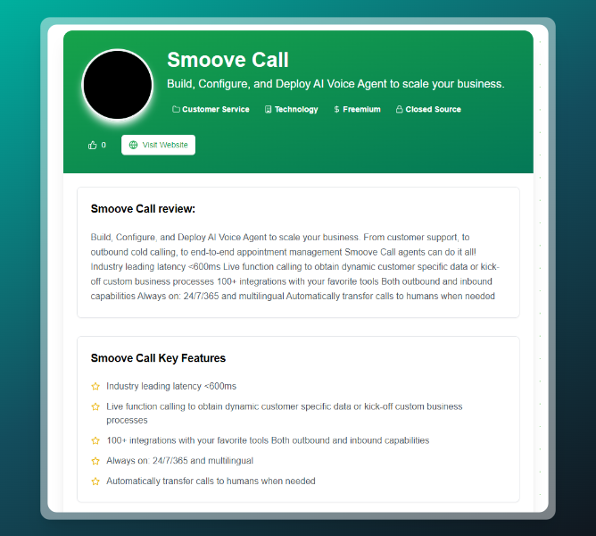 WishMasterUA's tweet image. 🚀 Discover Smoove Call, the latest AI Voice agent in the #AIAgentsDirectory! Perfect for streamlining voice tasks.
If you find it helpful, give it some love with an upvote: 🙌 #AI #VoiceTechnology
aiagentsdirectory.com/agent/smoove-c…